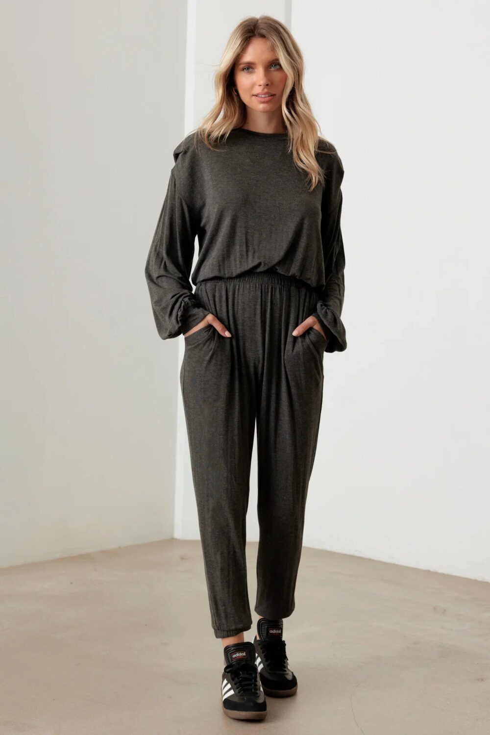 Charcoal Color Long Sleeve Shoulder Pad Elastic Waist Jumpsuit - Image 4