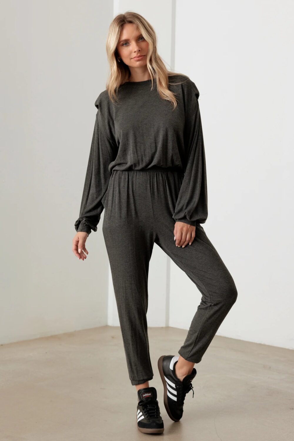 Charcoal Color Long Sleeve Shoulder Pad Elastic Waist Jumpsuit