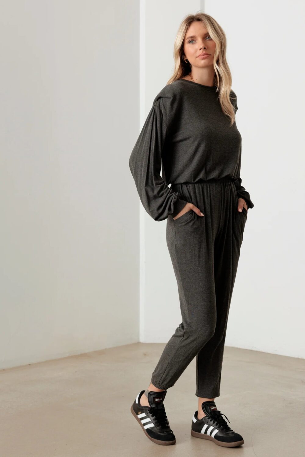 Charcoal Color Long Sleeve Shoulder Pad Elastic Waist Jumpsuit - Image 5