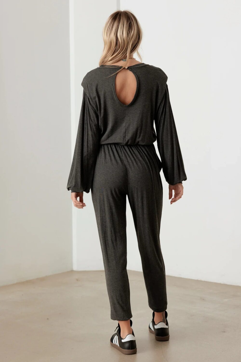 Charcoal Color Long Sleeve Shoulder Pad Elastic Waist Jumpsuit - Image 2