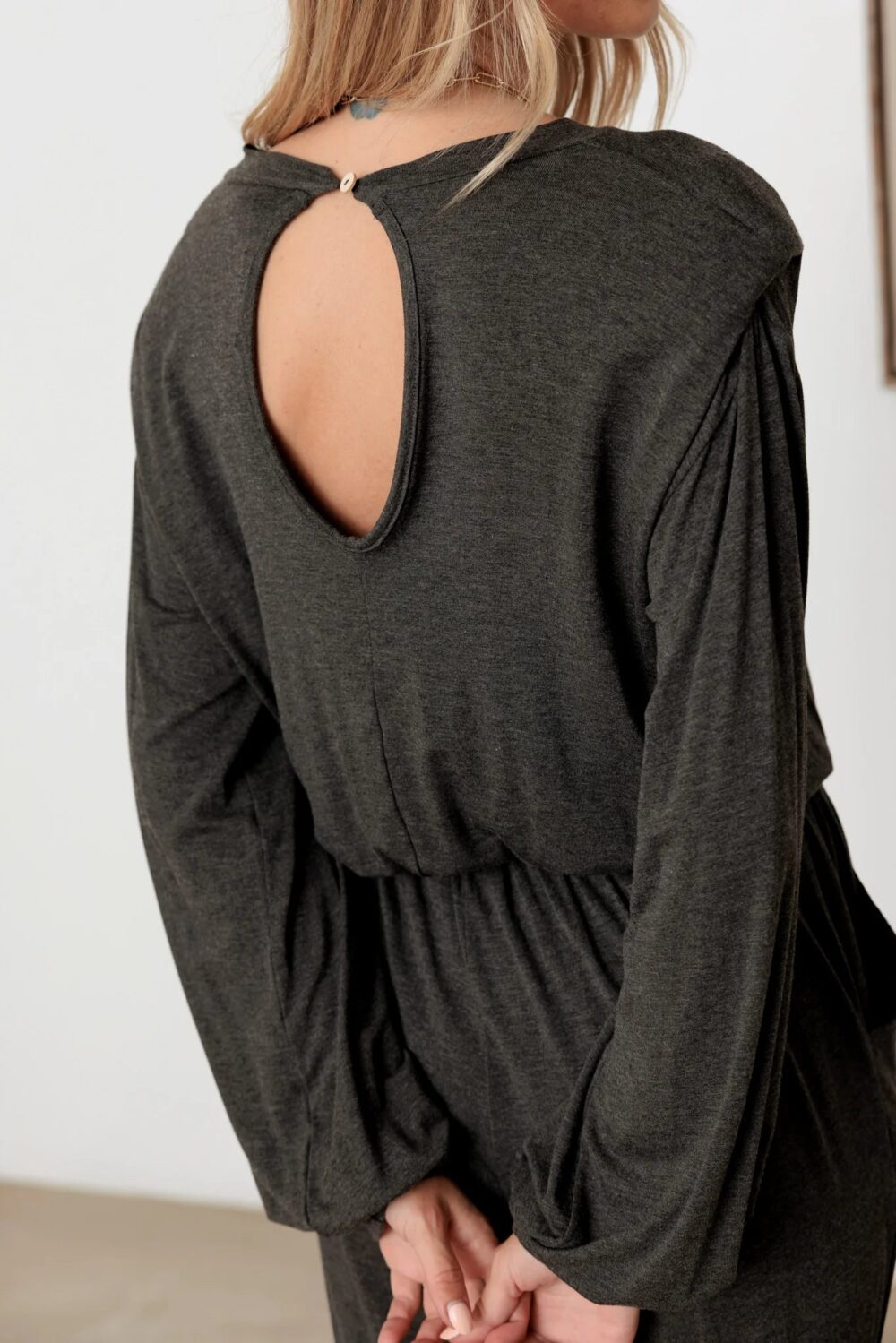 Charcoal Color Long Sleeve Shoulder Pad Elastic Waist Jumpsuit - Image 6