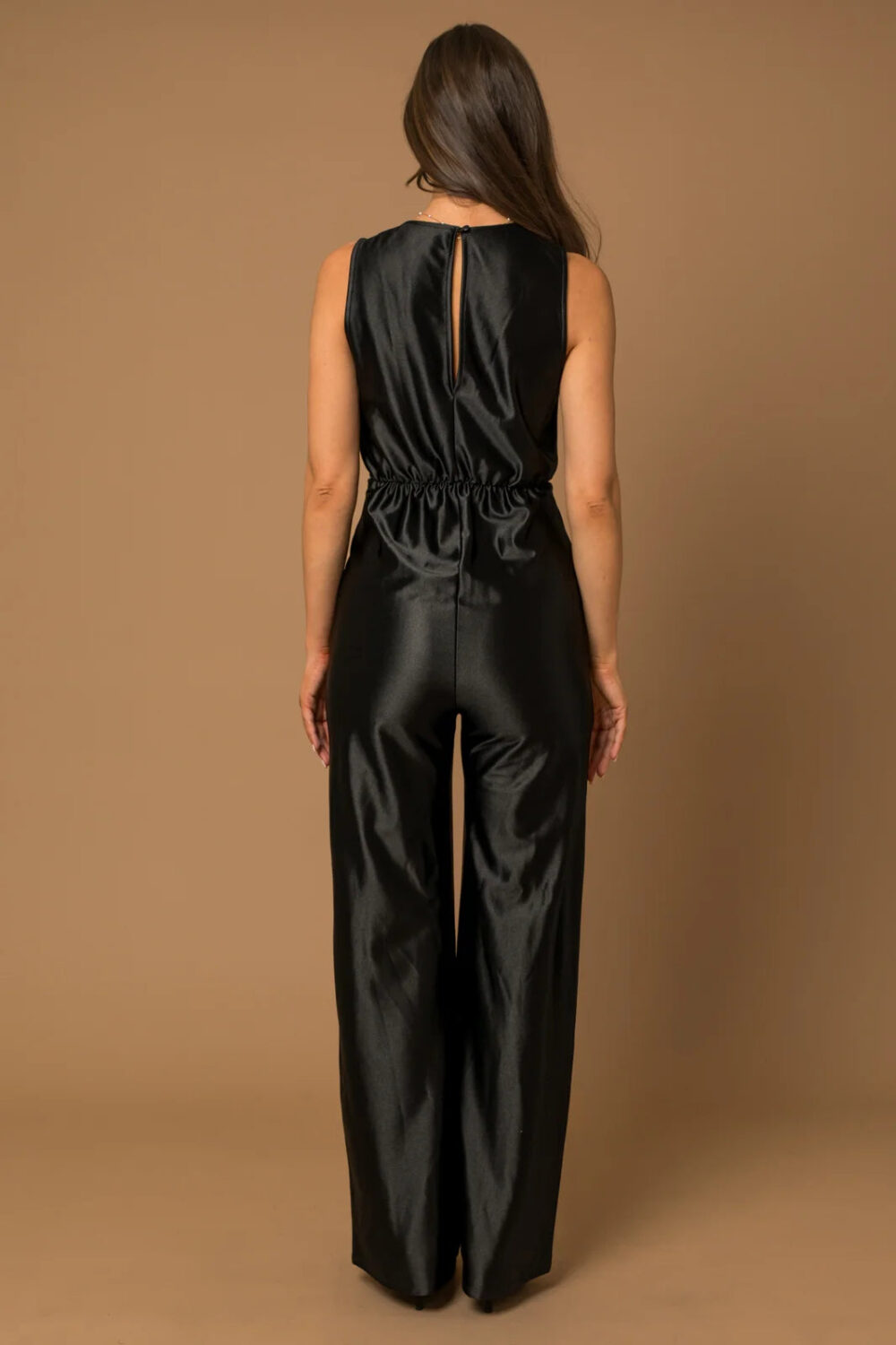 Black Satin Twisted Waist Wide Leg Sleeveless Jumpsuit - Image 2