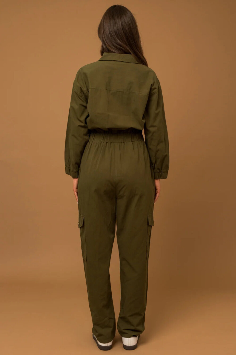 Olive Color Cotton Front Zipper Elastic Waist Cargo Jumpsuit - Image 2