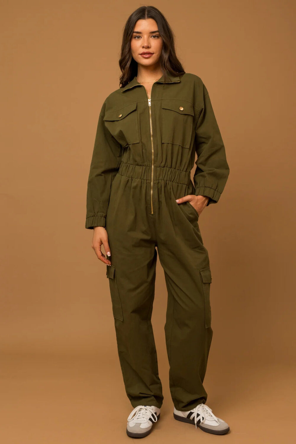 Olive Color Cotton Front Zipper Elastic Waist Cargo Jumpsuit